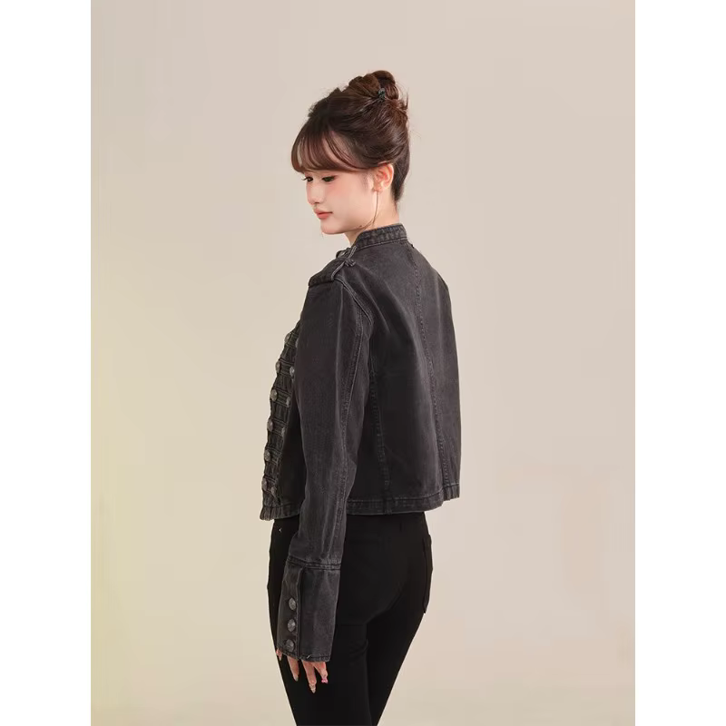 Vêtements pour femmes manteau court nouvelle veste en jean rétro bouton conception mince col montant manches longues