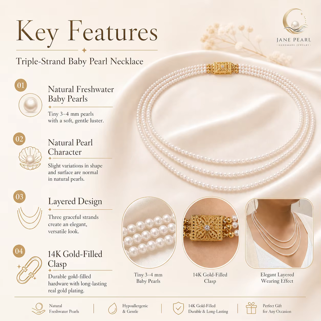 Collier de perles d'eau douce naturelles Mareora 3-4 mm