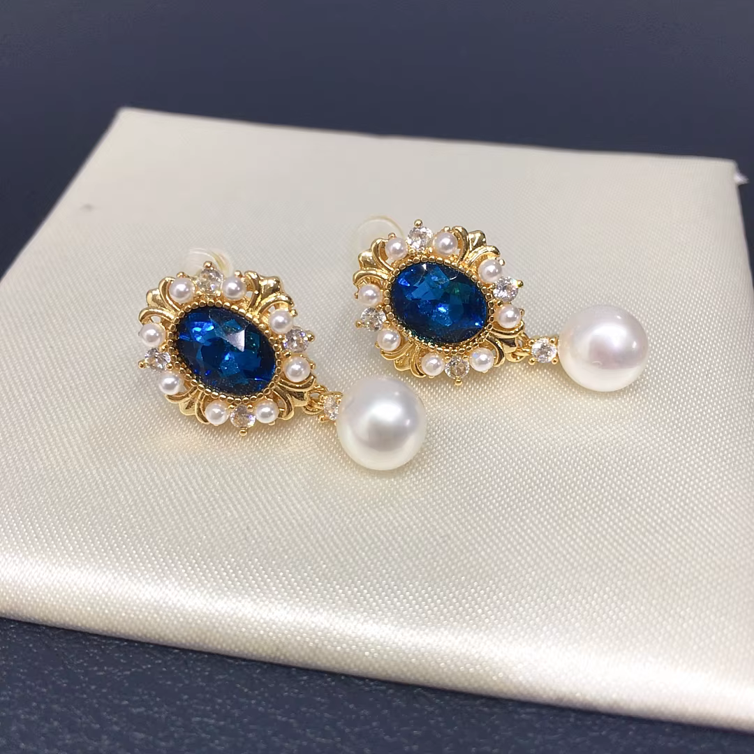 ZHBORUINI boucles d'oreilles en perles d'eau douce 7-7.5mm bleu foncé Zircon rétro bijoux de mode pour les femmes belles