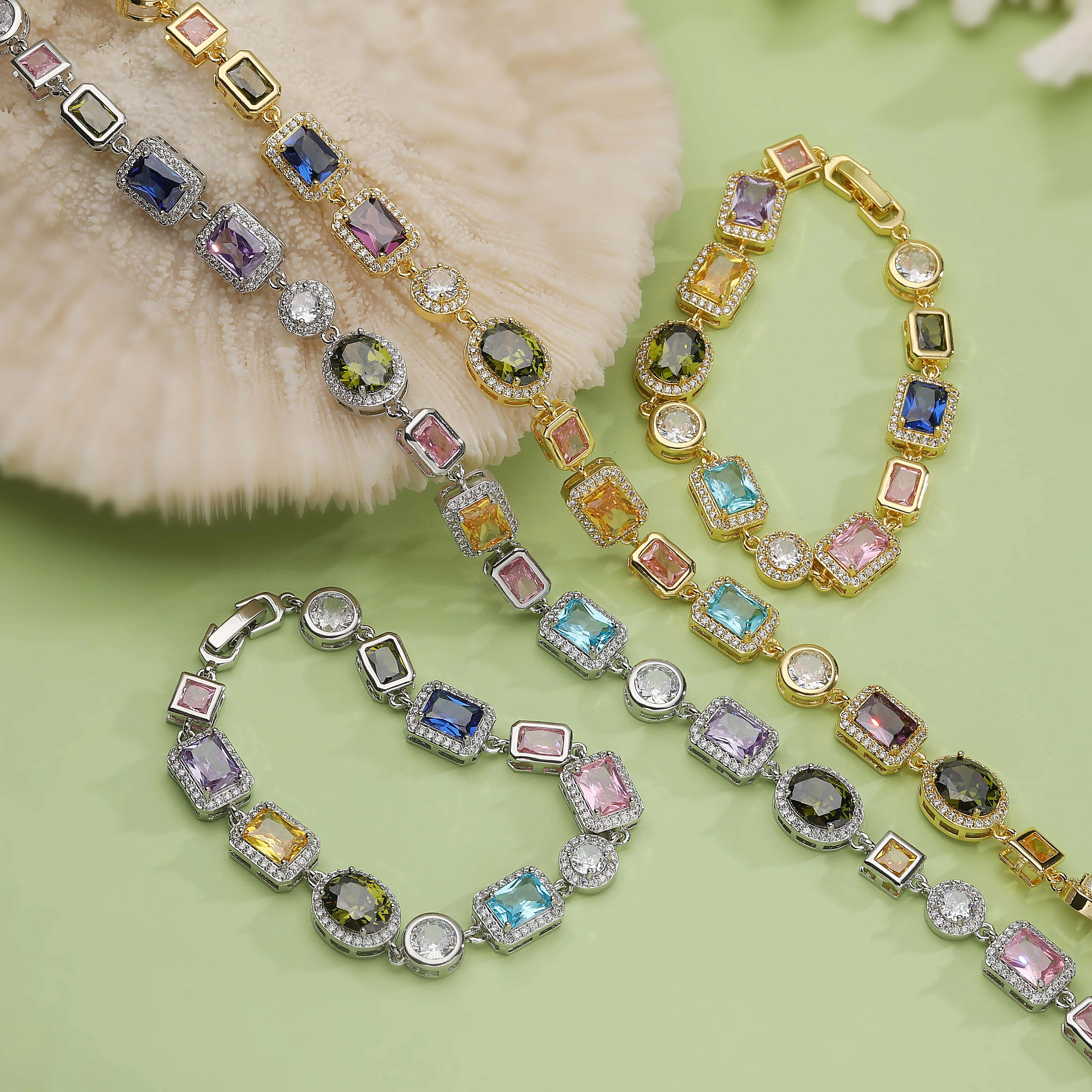 Bracelet/Collier Unisexe en Or Plaqué 18 Carats avec Mosaïque de Pierres Semi-Précieuses Multicolores Carrées et Rondes