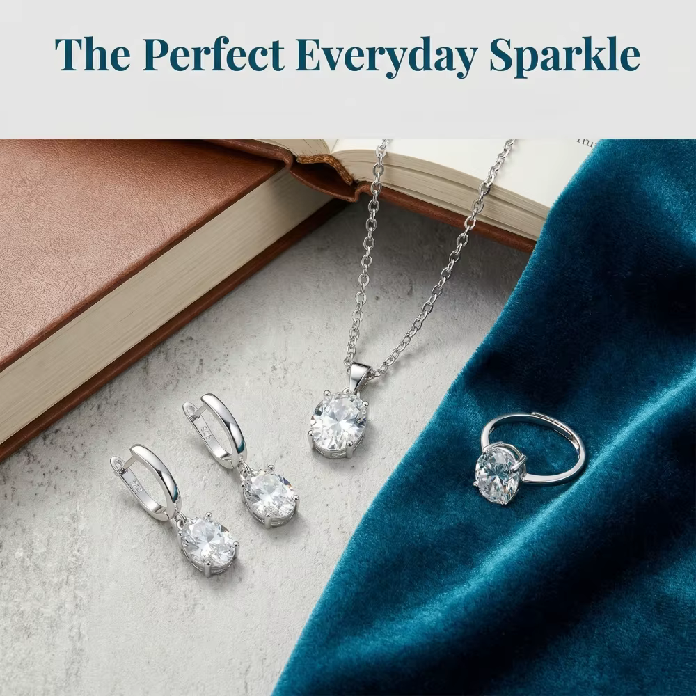 Ensemble de bijoux pour femmes en argent sterling 925 : bague ovale en zircon taillée en diamant