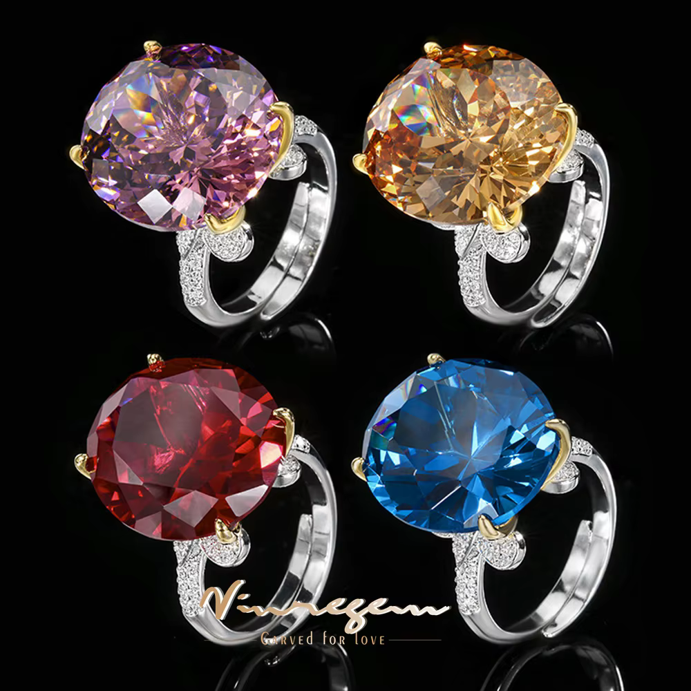 Vinregem 18*20 MM ovale laboratoire créé saphir rubis gemmes ouvert réglable anneau pour les femmes cadeau anniversaire bijoux fins en gros