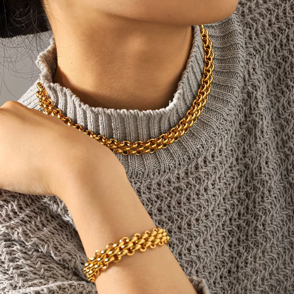 Ensemble de bijoux chaîne à maillons épais en acier inoxydable plaqué or 18 carats