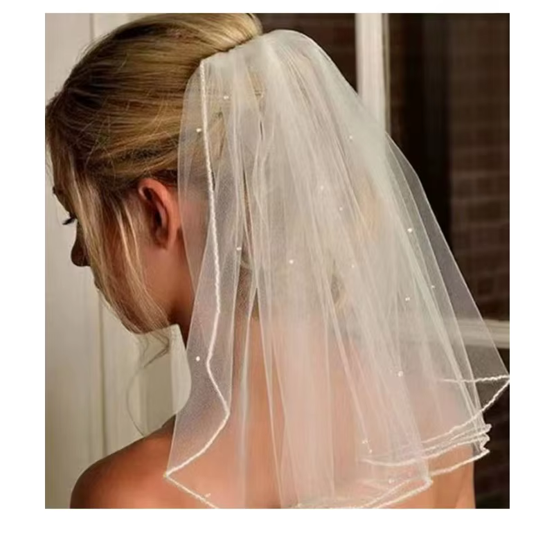 Voile court de mariée double couche style français avec perles