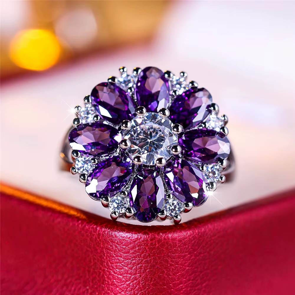 Bague de fiançailles de luxe en cristal violet pour femmes