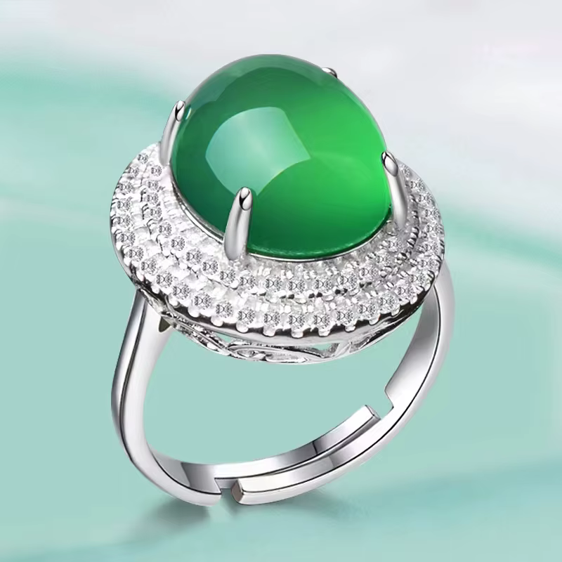Bagues ovales en argent incrusté de glace naturelle chrysoprase pour femmes
