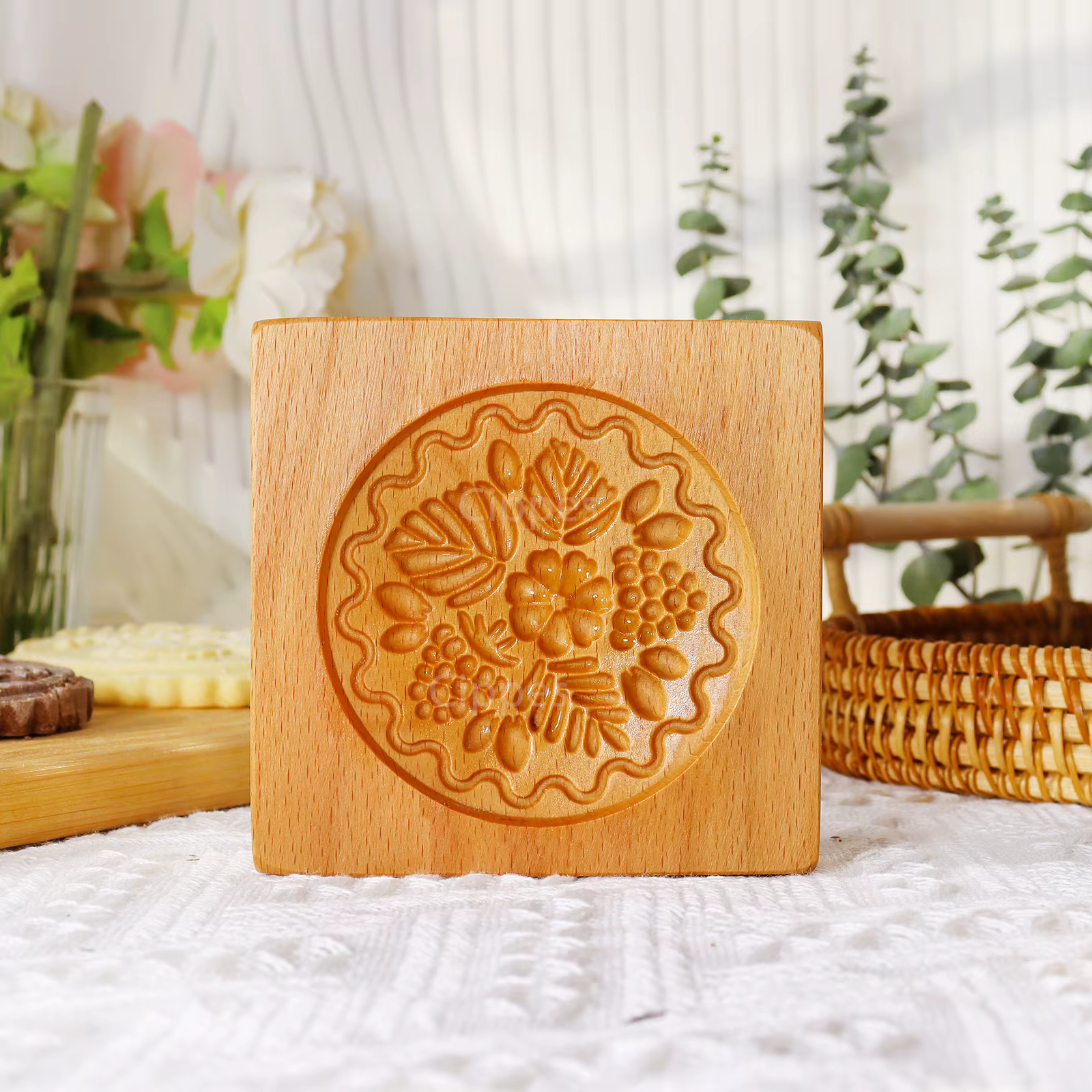 Moules à Biscuits en Bois avec Motifs de Fleurs
