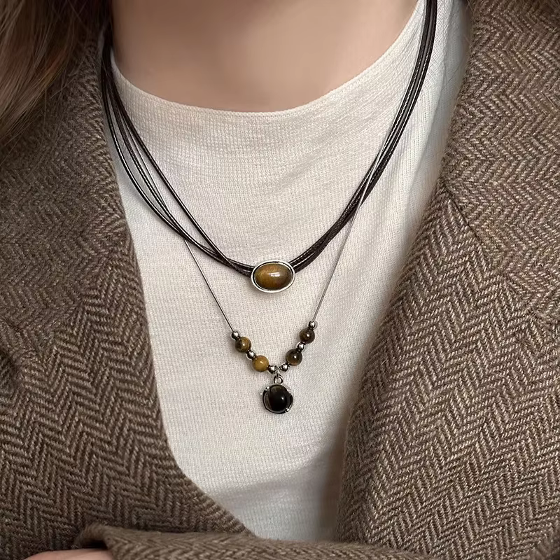 Collier en pierre d'oeil de tigre naturel pour hommes et femmes