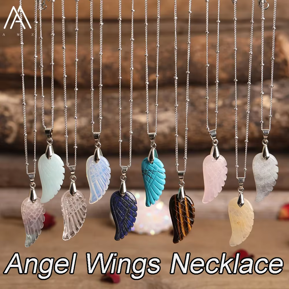 Collier Aile d'Ange Pendentif en Pierre Naturelle Cristal de Quartz Rose Chaîne en Argent Bijoux de Mode pour Femmes Cadeau Quotidien pour Fête Accessoire