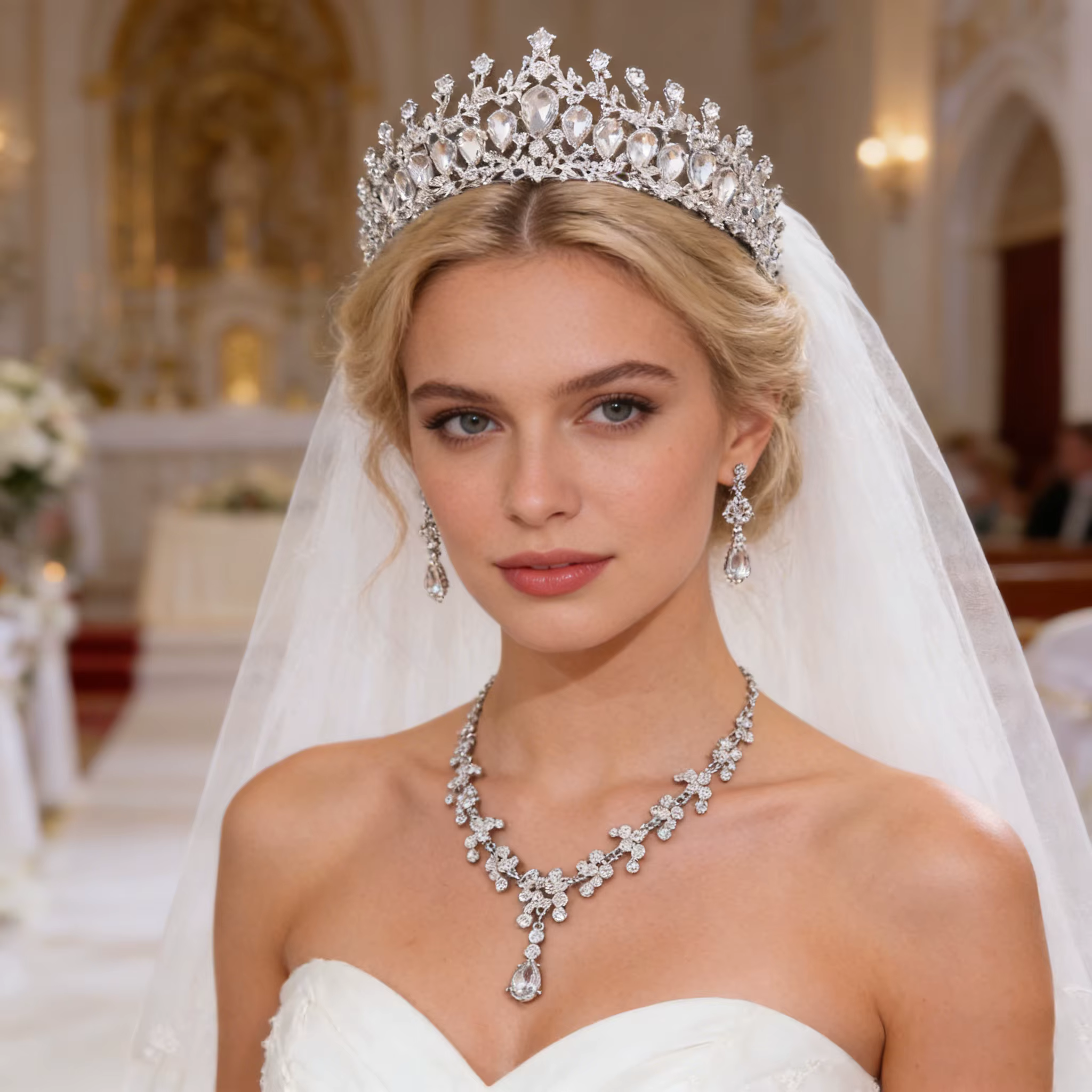 Diadème baroque en zircone et bijoux assortis