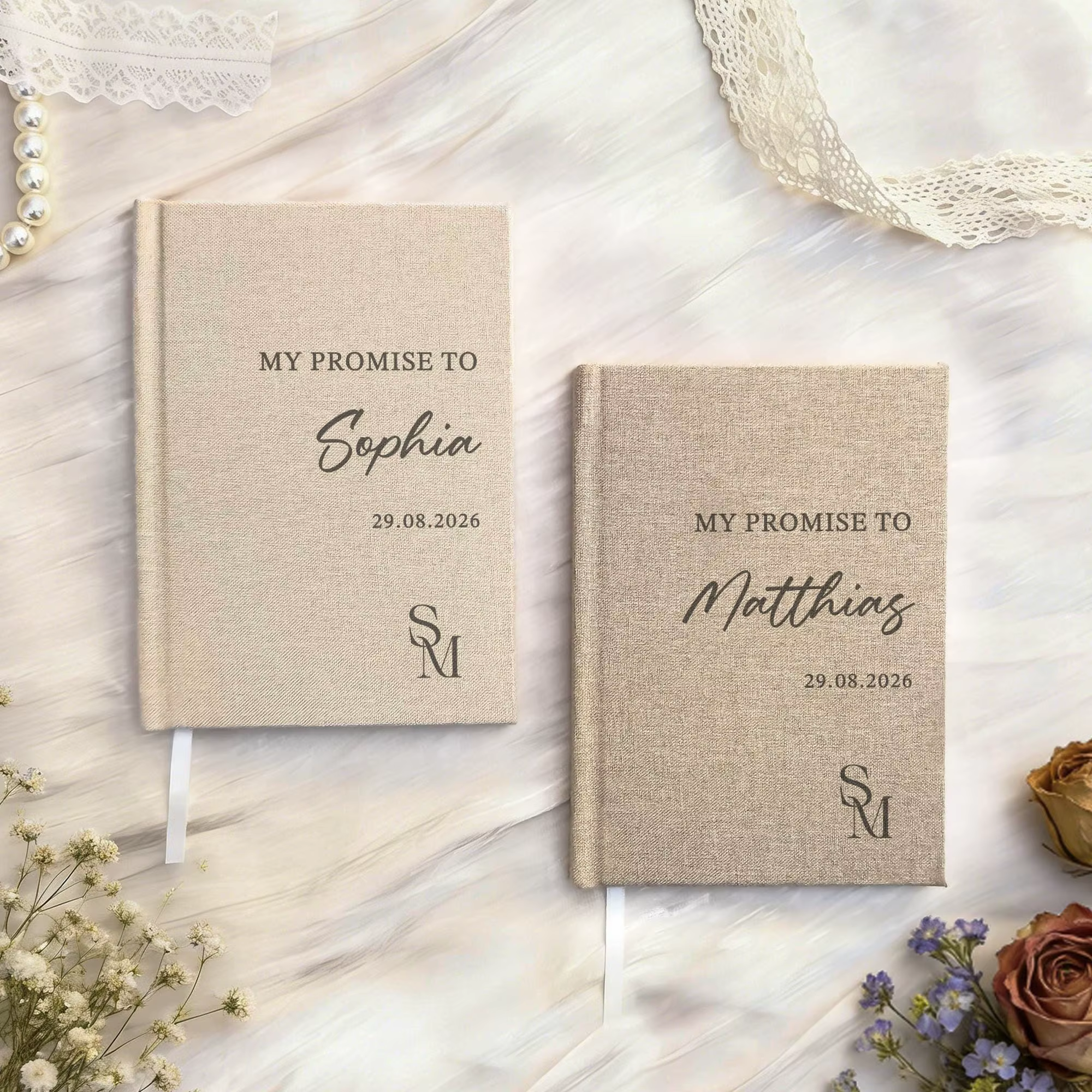 Coffret de 2 livrets de vœux de mariage personnalisés en lin