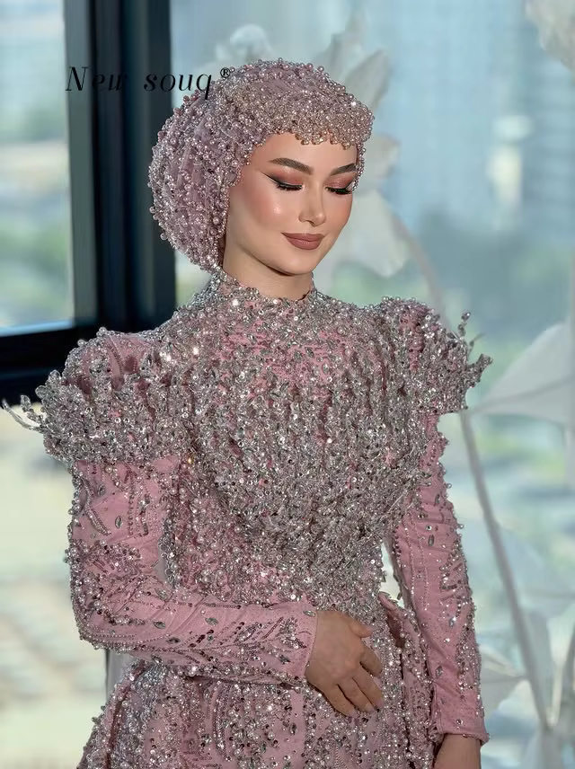 Robes de soirée de luxe roses du Moyen-Orient à manches longues pour mariages et bals de promo