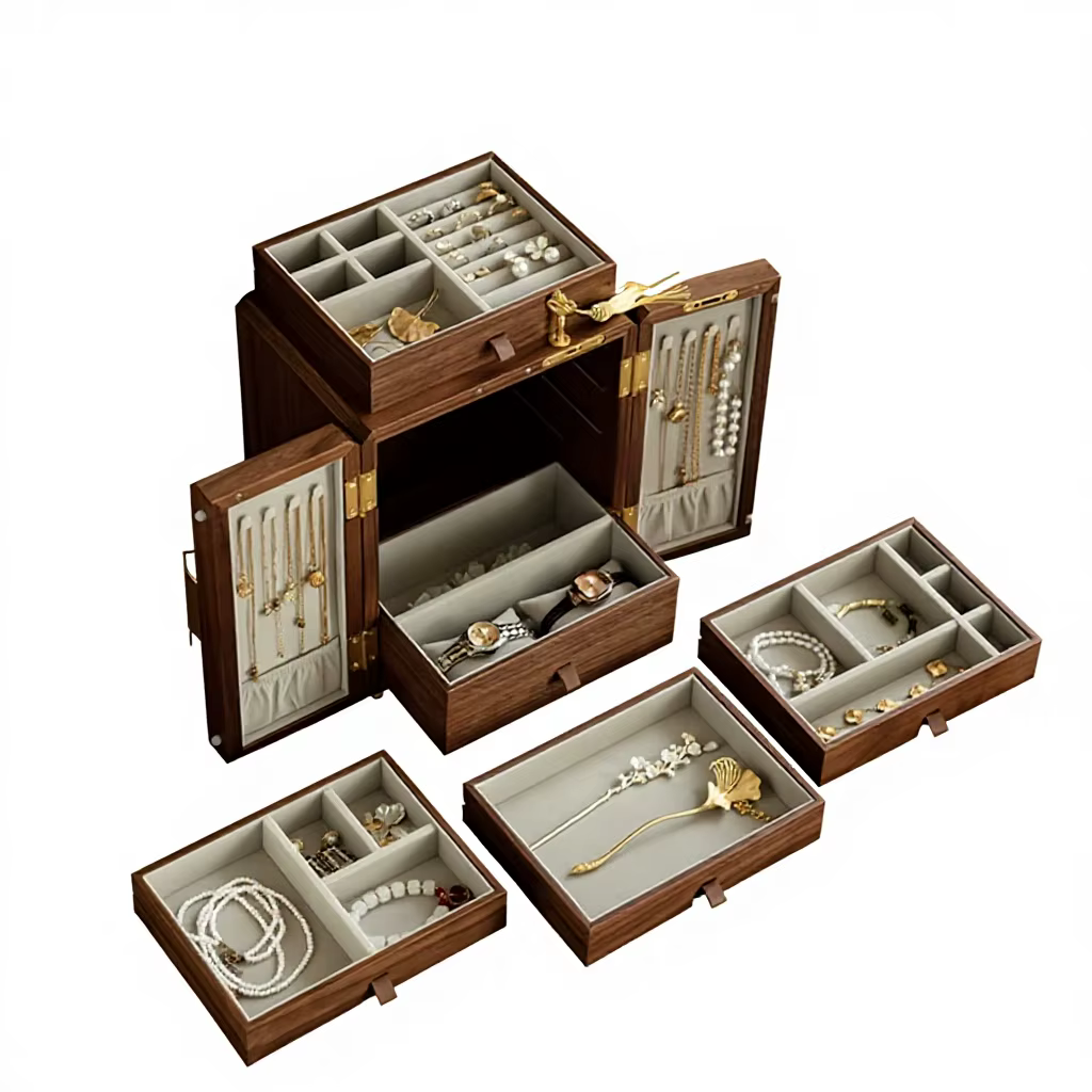 Boîte à bijoux antique en noyer avec serrure