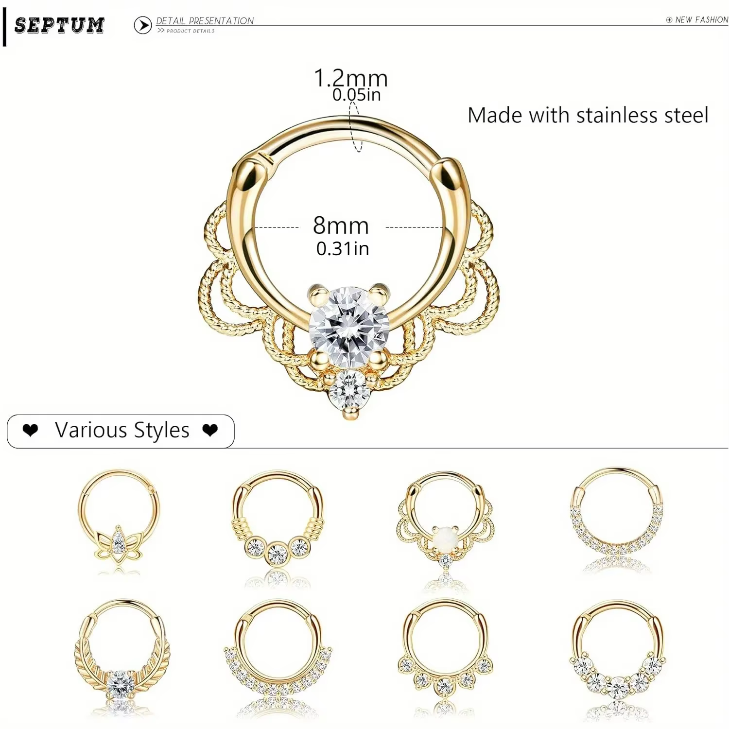 Florideco Septum anneaux 316L acier inoxydable opale Daith nez