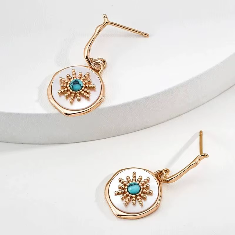 Boucles d'oreilles pendantes rondes en argent S925 avec nacre blanche et turquoise pour femme
