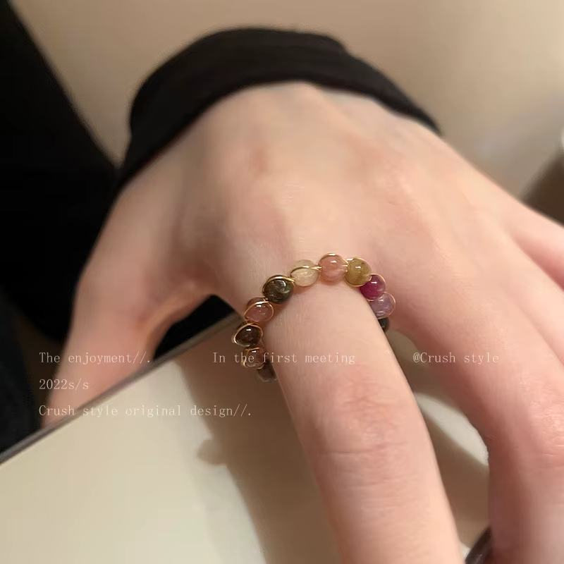 Colorful Tourmaline Ring for Women Fashion Retro Handmade Metal Wire Winding Beaded Open Adjustable