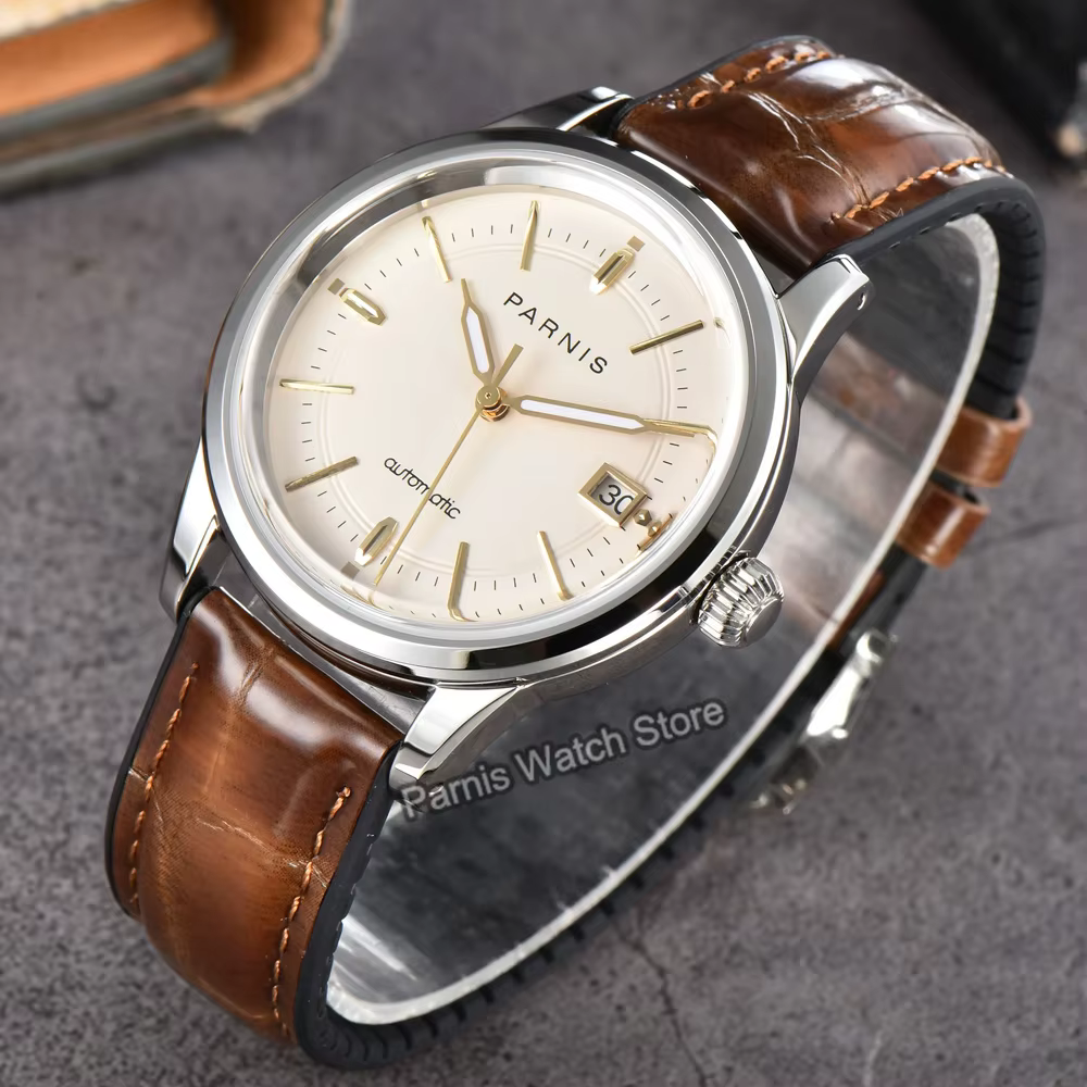 Parnis 39.5mm boîtier en or cadran noir automatique hommes montre bracelet en cuir saphir cristal