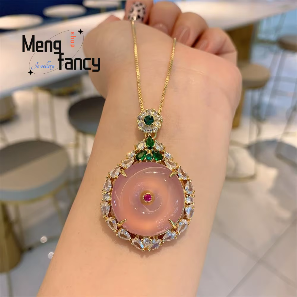 Pendentif en pierre de calcédoine rose naturelle incrustée d'agate verte de paix