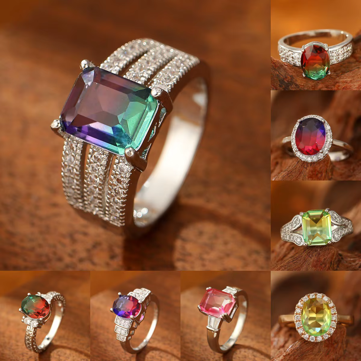 Bague rectangulaire en Tourmaline dégradé violet vert pour femmes