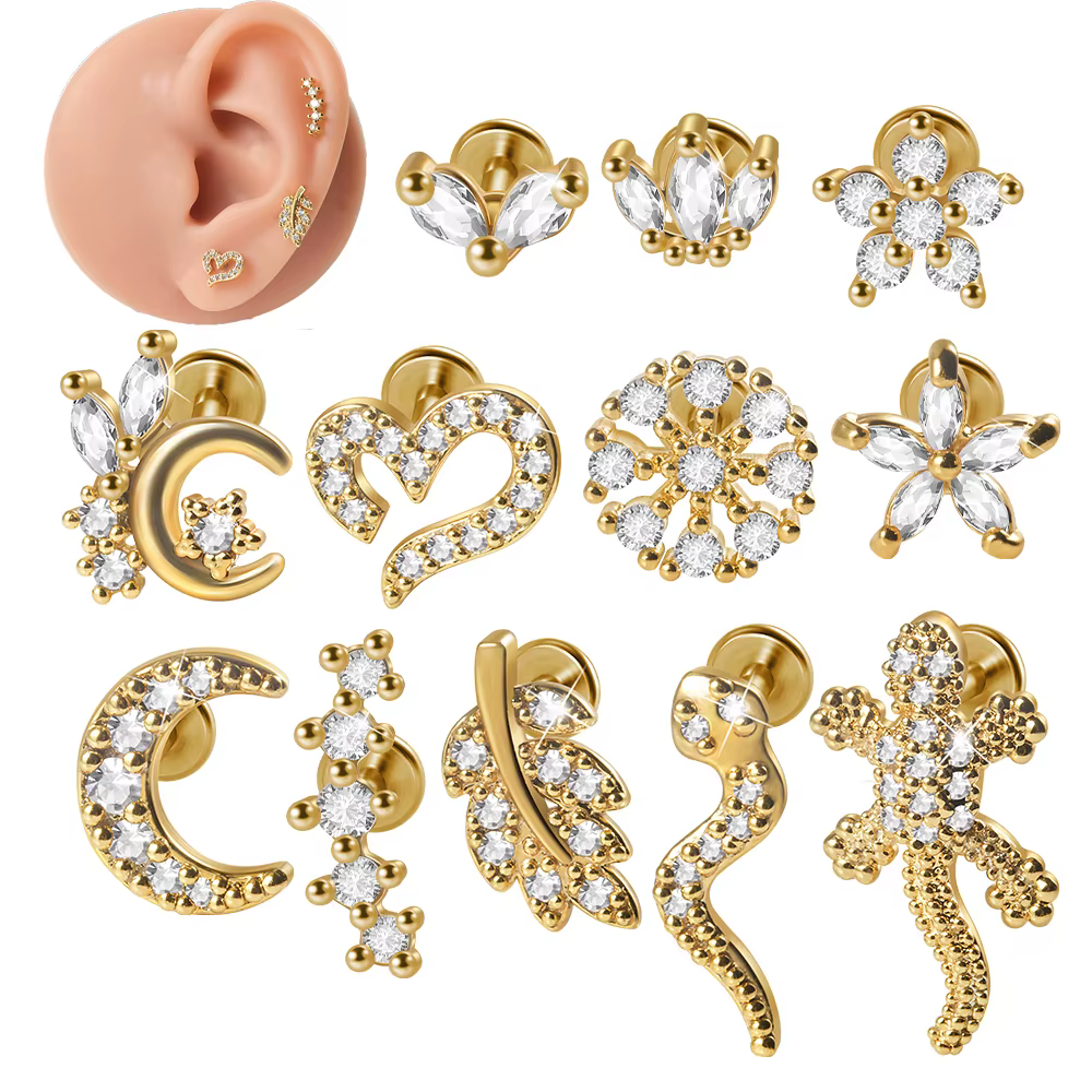 Gros acier chirurgical couleur or plaqué Labret cristal CZ Helix Tragus Cartilage clous d'oreille fil interne Piercing bijoux