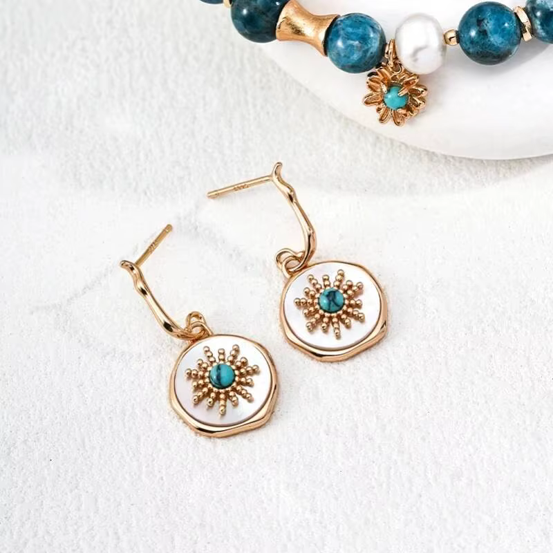 Boucles d'oreilles pendantes rondes en argent S925 avec nacre blanche et turquoise pour femme