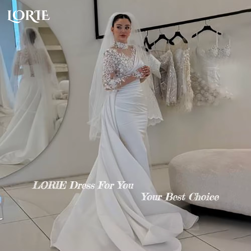 LORIE dentelle plage robes de mariée 3D Floral Applique col haut détachable Train sirène robe