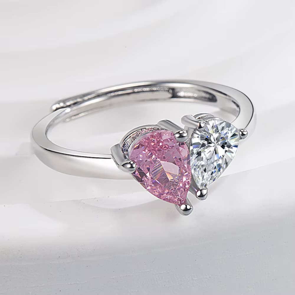 Bague en argent sterling 925 luxueuse avec zircon rose en forme de cœur