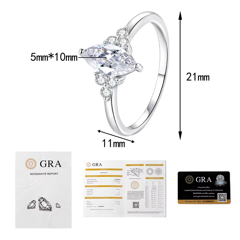 Bague en moissanite taille marquise 1 carat plaquée or blanc 14K en argent sterling S925