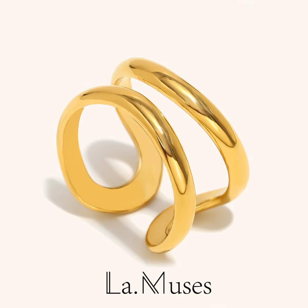 La.Muses – bague ouverte creuse géométrique en métal et acier inoxydable pour femmes