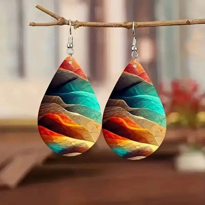 Boucles d'oreilles en bois à motif ondulé d'eau coloré de Style bohémien