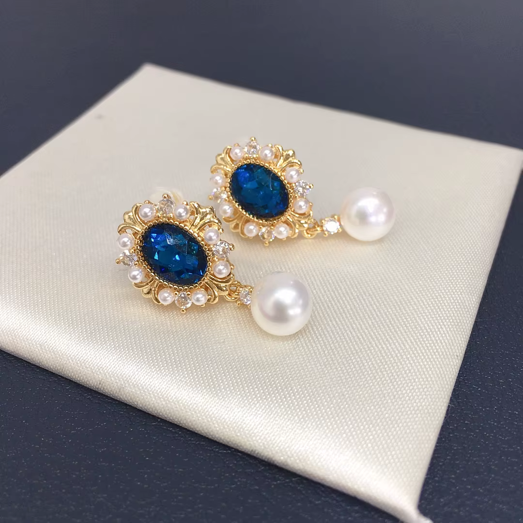 ZHBORUINI boucles d'oreilles en perles d'eau douce 7-7.5mm bleu foncé Zircon rétro bijoux de mode pour les femmes belles