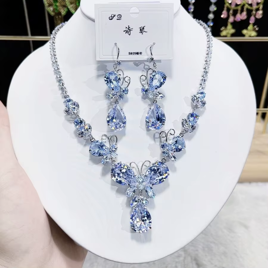 Collier et boucles d'oreilles en Zircon coloré pour femmes, à la mode, 2024