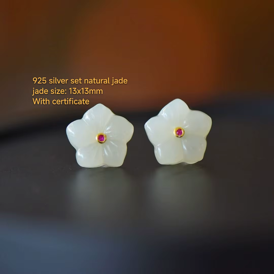 Certifié Vintage mode 925 argent ensemble naturel blanc Jade fleur oreille Stud véritable néphrite goutte balancent gland boucle d'oreille bijoux