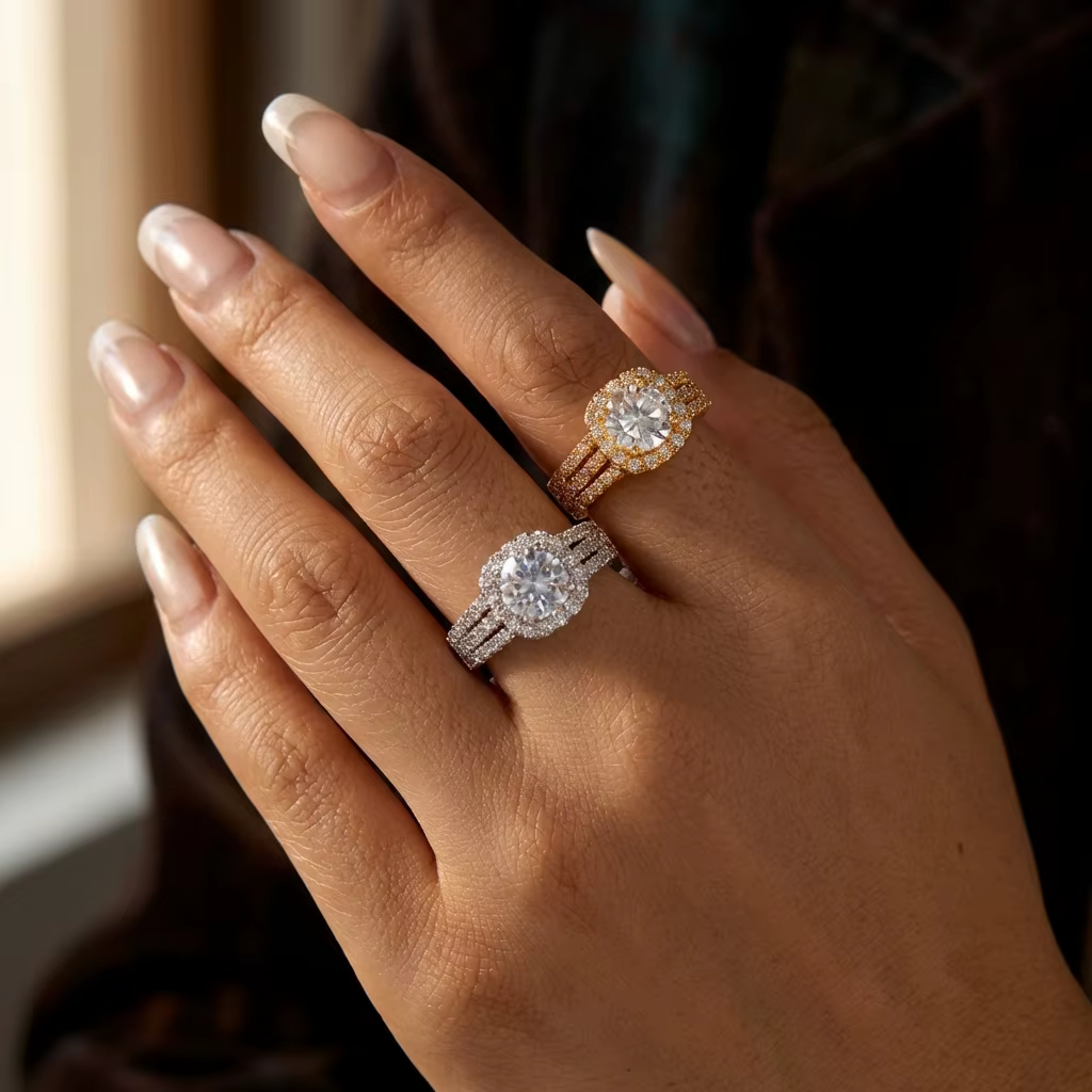 Bague Halo Multi-Rangées Glamour pour Femme en Laiton et Zircon Entièrement Pavé
