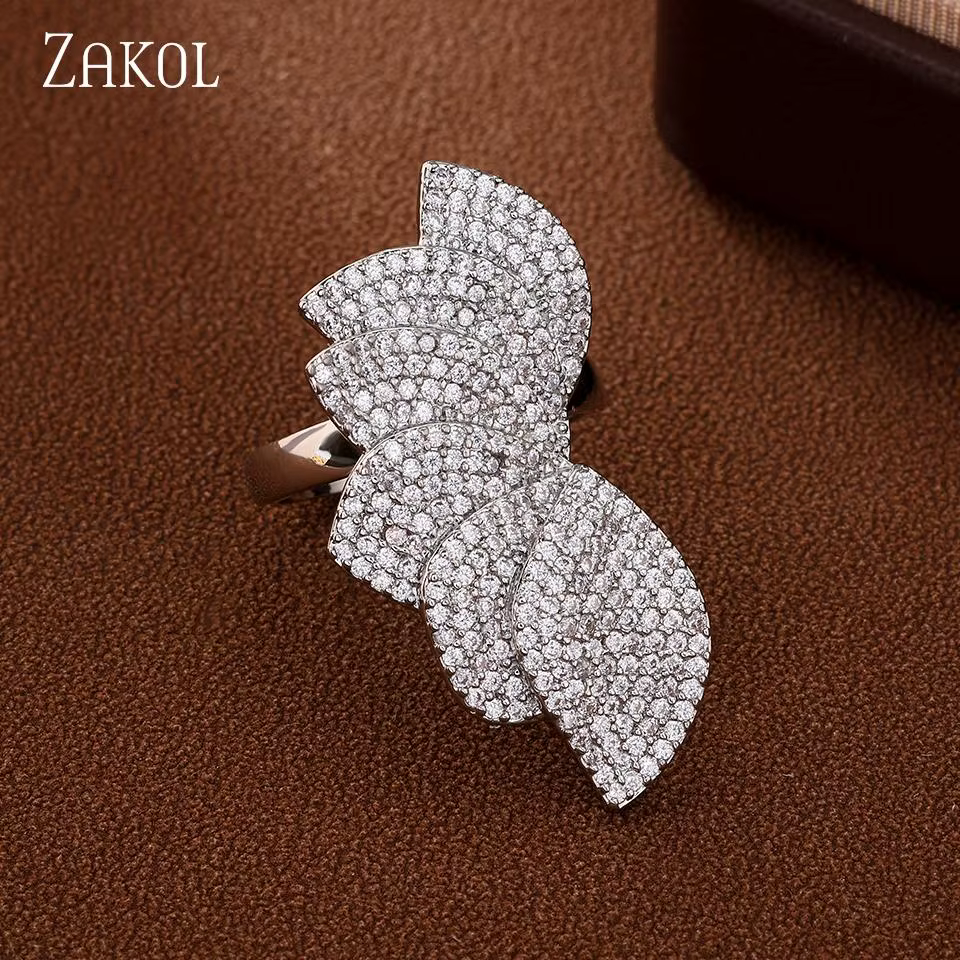 ZAKOL haute tempérament fleur conception Micro-ensemble CZ Zircon anneau pour les femmes exquis et élégant fête Banquet bijoux accessoires