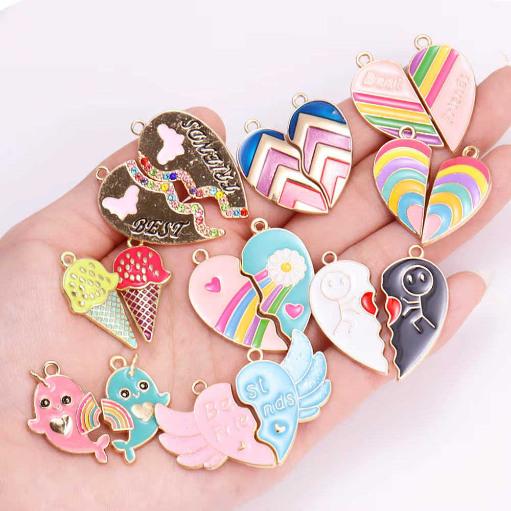 2 paires d'émail arc-en-ciel coeur cassé épissage breloque meilleurs amis pendentif bricolage femmes fille collier BFF amitié bijoux cadeaux