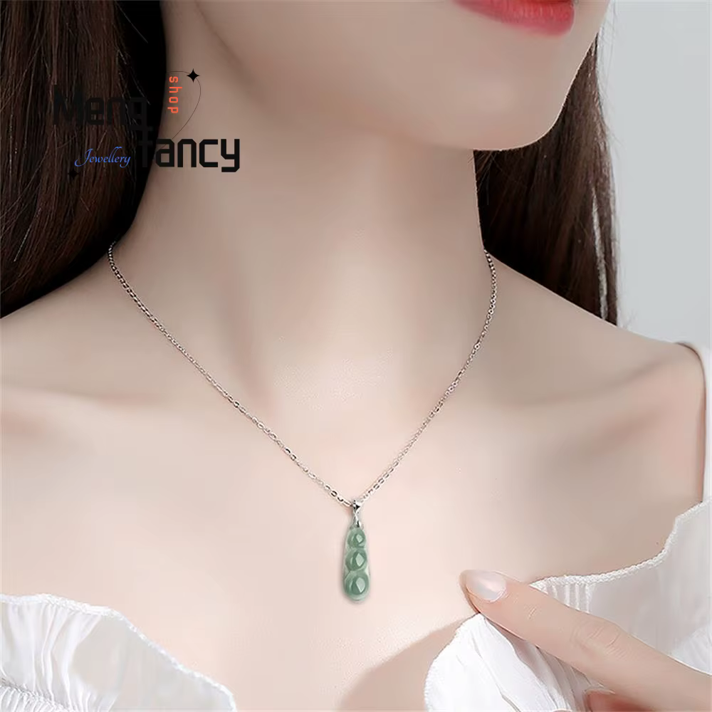 Naturel Myanmar A-goods jadéite huile vert béni haricot pendentif S925 argent incrusté collier exquis luxe qualité bijoux fins