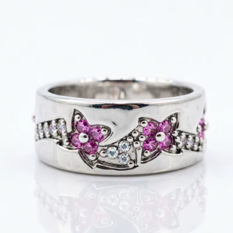 Bague florale sculptée à la main en zircone synthétique rose de style punk pour femmes