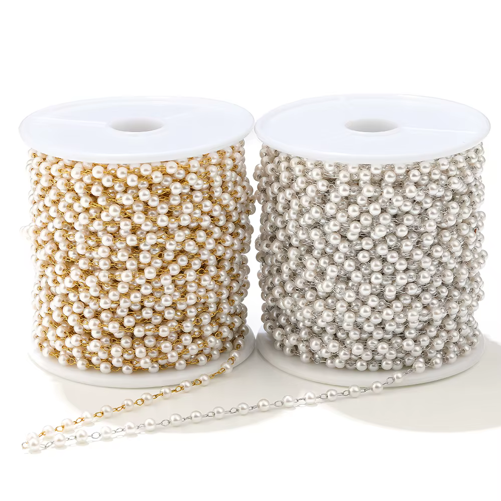 Chaînes de perles blanches plaquées or en acier inoxydable de 2 mètres