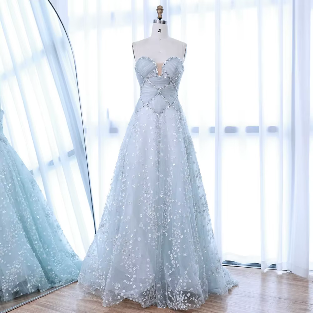 Robe de soirée trapèze bleu clair luxueuse avec fleurs 3D et manches détachables en mousseline de soie Serene Hill 2025 LA73099