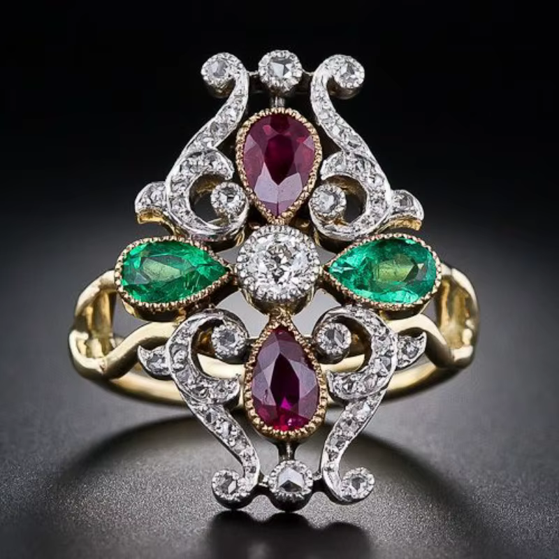 Bague dorée vintage élégante multicolore en zircone synthétique pour femme