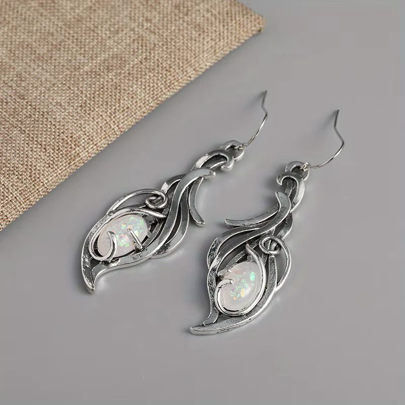 Boucles d'oreilles pendantes en opale bohème - Bijoux élégants plaqués argent pour les fêtes et les occasions spéciales E1238-1