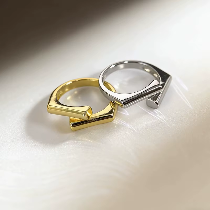 Bague géométrique double couche couleur argent pour femme