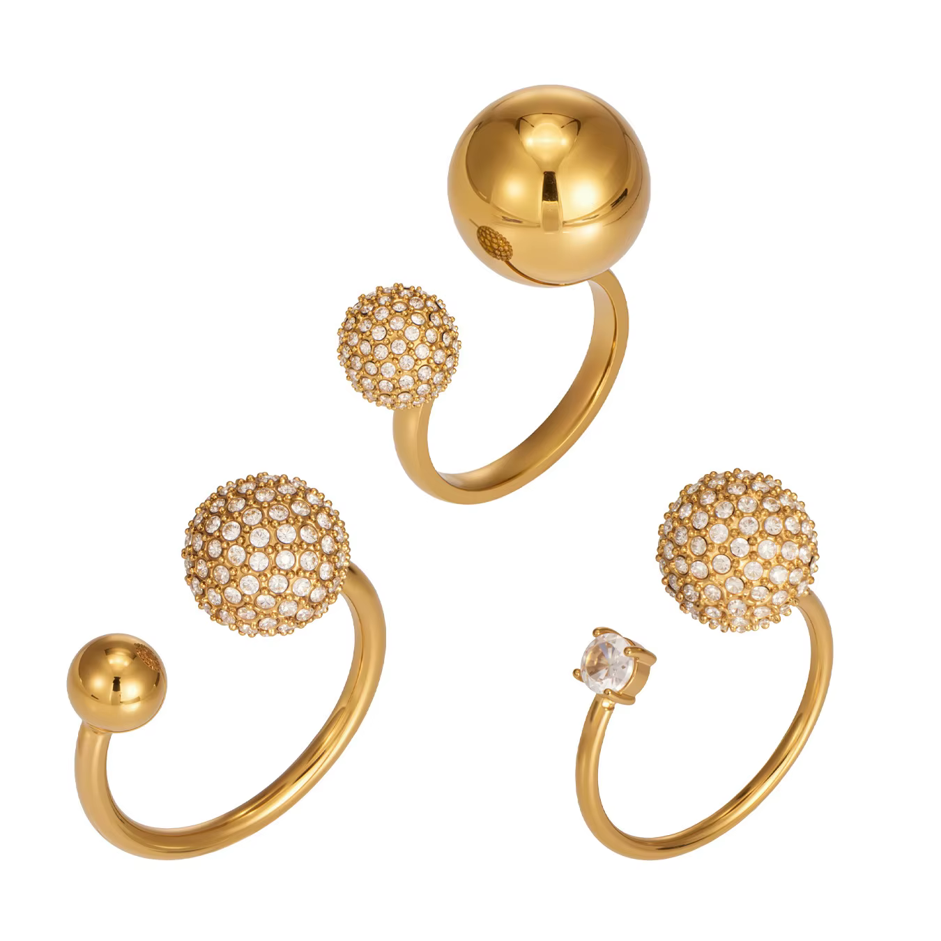 Ensemble de bagues ouvertes en acier inoxydable 316L plaqué or 18 carats avec double sphère et zircon pavé