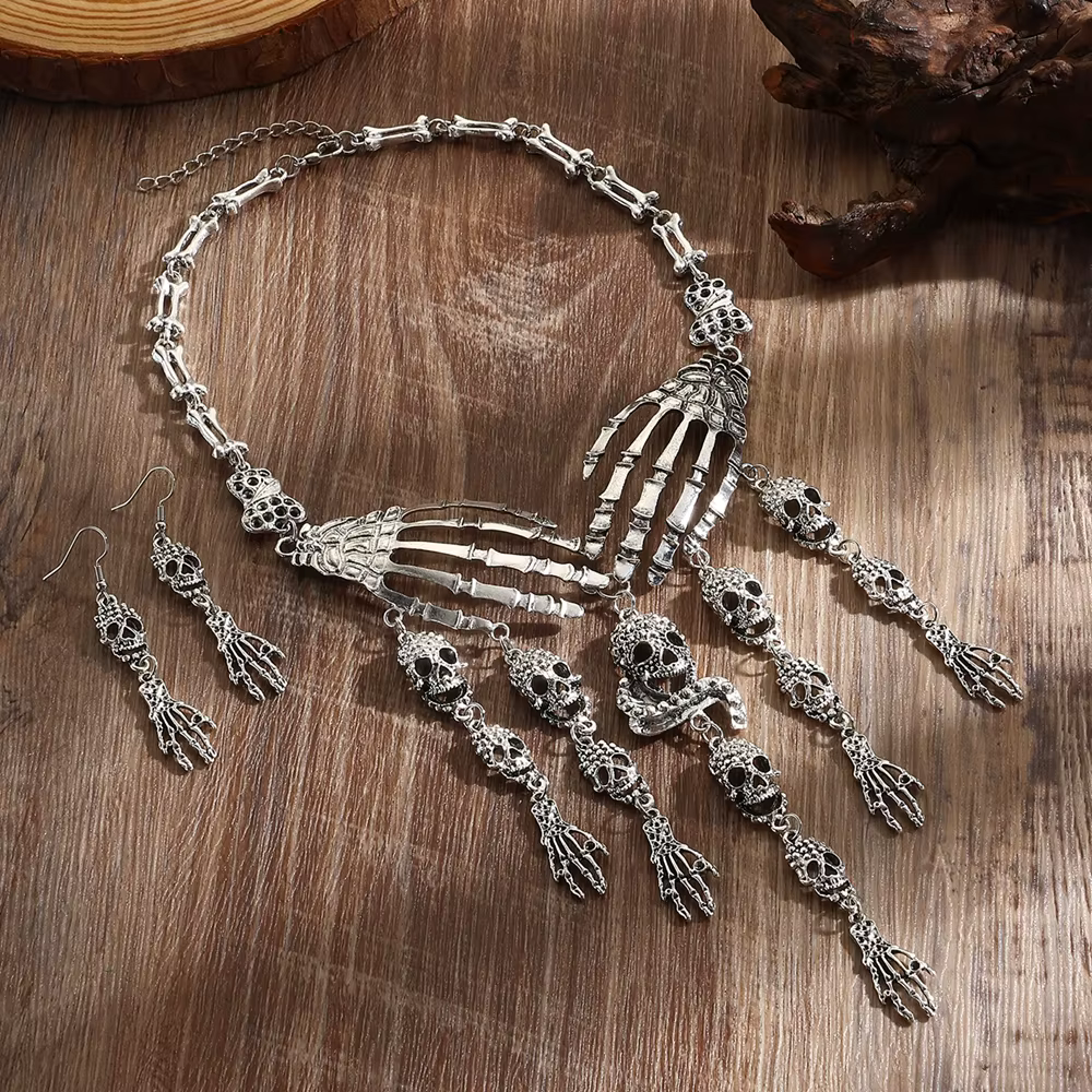Ensemble collier et boucles d'oreilles tête de mort main fantôme en métal vintage pour femmes