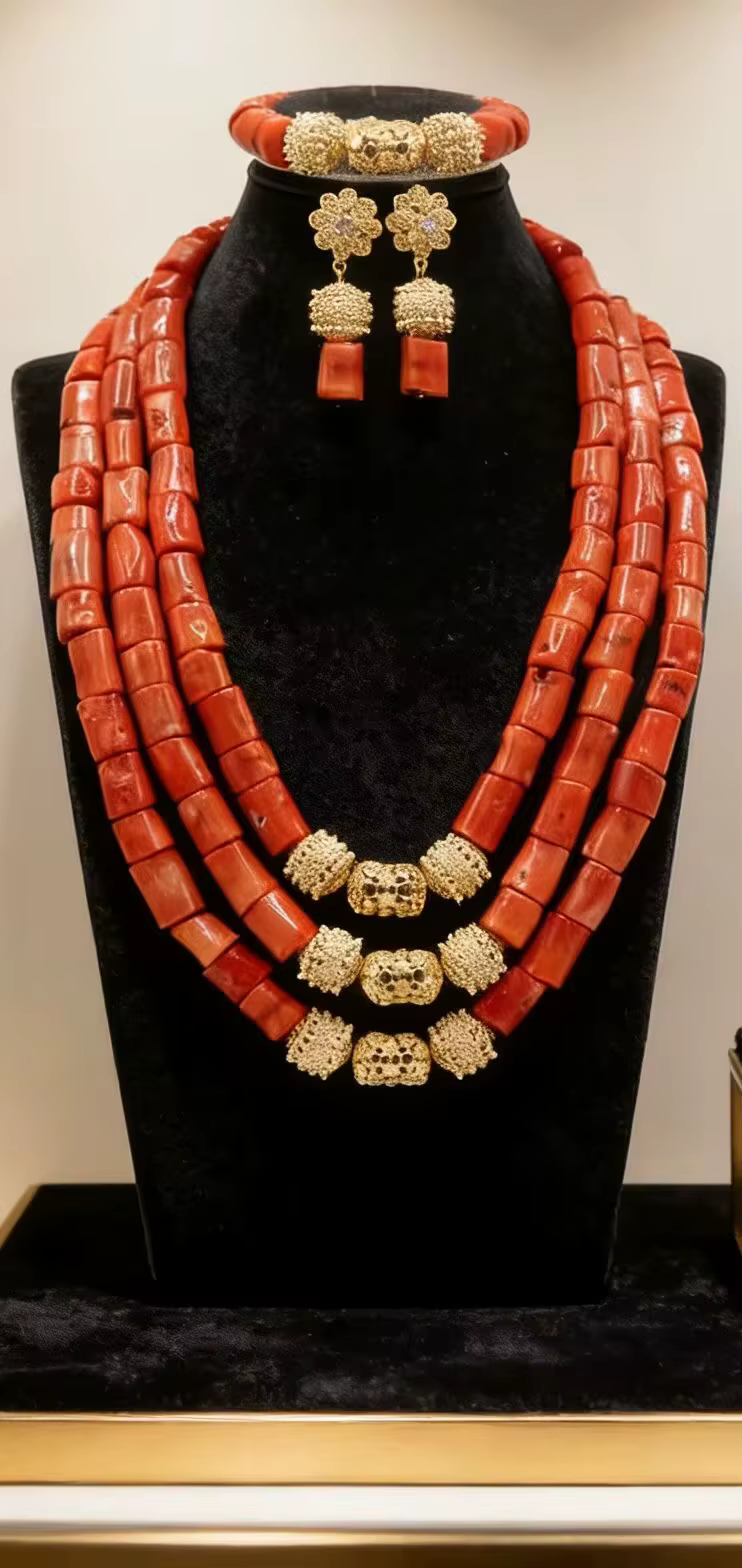 Ensemble de bijoux en grandes perles de corail, mode nigériane