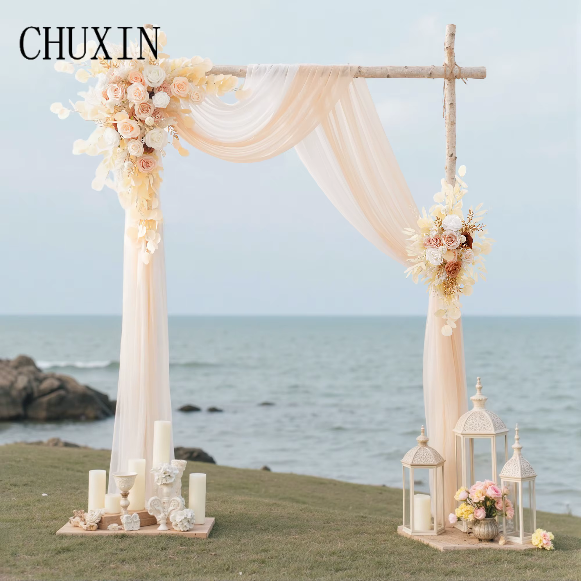 C9008 Décor pour arc de mariage fleurs avec rideaux paquet de 4 pièces