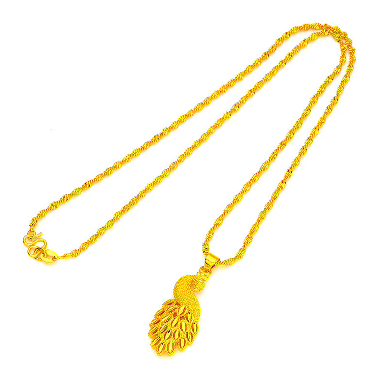 Collier Pendentif Paon en Or de Sable du Vietnam avec Chaîne Vague d'Eau pour Femme