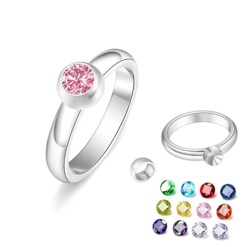 Bague pierre naissance à avec bijoux d'anniversaire remplaçables en Zircon 12 couleurs