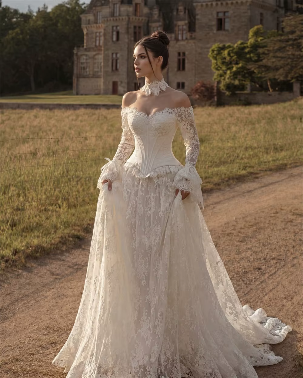 Robe de mariée vintage à épaules dénudées en dentelle